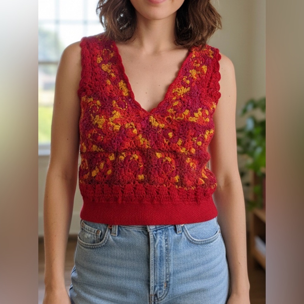 Handknit Red & Yellow Cropped V-Neck Sweater Vest